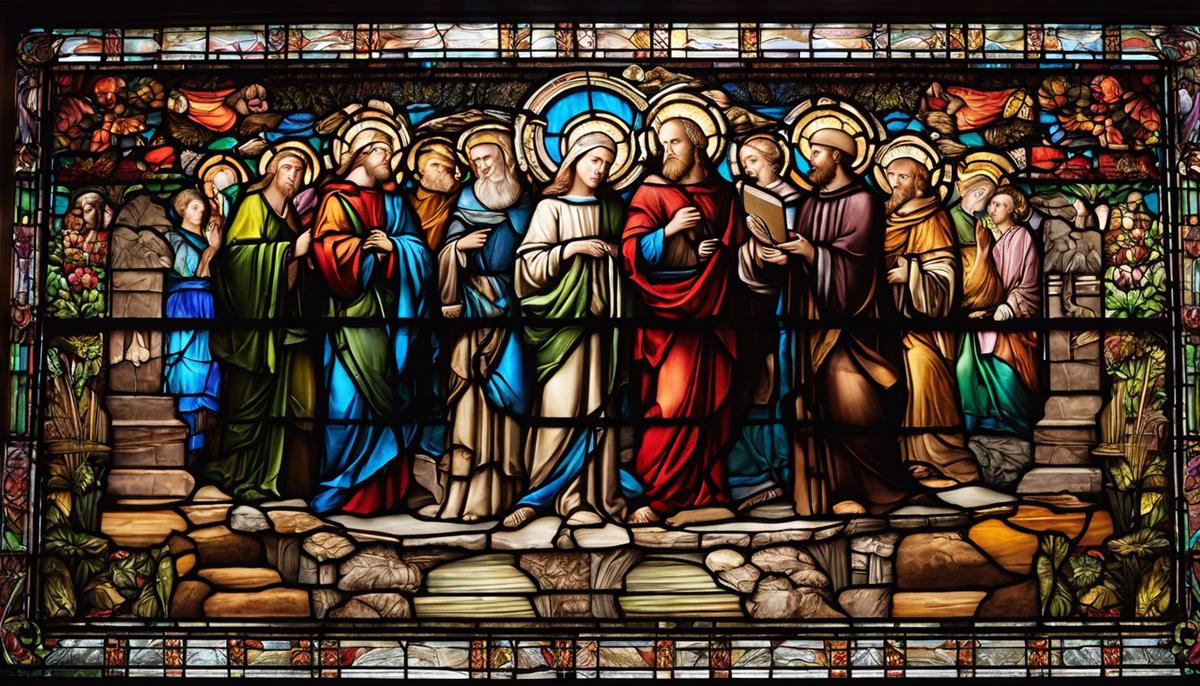 Image of a magnificent stained glass window depicting religious figures and scenes, showcasing vibrant colors and intricate details.