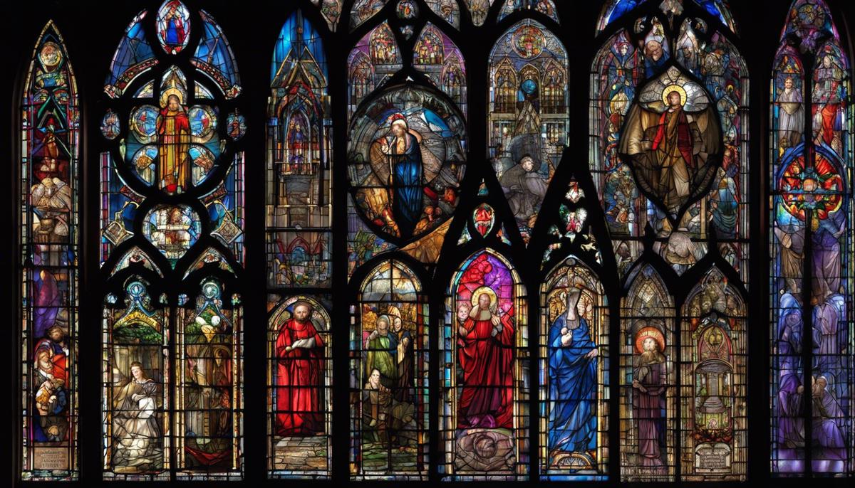 Symbolic Gothic Stained Glass Image: Depicts various symbols and figures commonly found in gothic stained glass windows, representing spirituality and devotion.